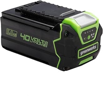 Greenworks 40V Battery. Original Greenworks Powerful Battery for All Greenworks 40V Garden and Power Tools. Fast Charging 5Ah Lithium-Ion Battery. 3-Stage LED Charge Level. 2 Year Warranty. G40B5
