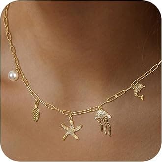 Moodear Gold Charm Necklace for Women Trendy Dainty 14K Gold Charm Pendant Thin Paperclip Chain Necklace Zircon Heart Starfish Bow Pearl Boho Charms Choker Necklace Fashion Jewelry Gift for Women