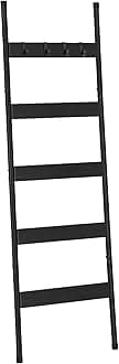 HOOBRO Blanket Ladder, 5-Tier Towel Rack with Hooks, Wall-Leaning Blanket Rack, Decorative Display Ladder Shelf, Scarves, Industrial, Living Room, Bedroom, Black BB52CJ01