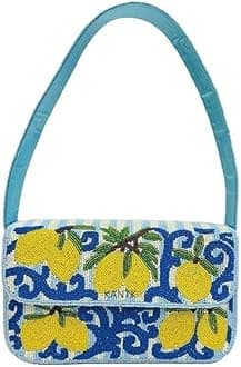 Blue and White Striped Beaded Purse with Lemon Design, Handmade Summer Clutch Bag for Women, Tropical Beaded Evening Handbag