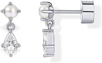 PAVOI 14K Gold Plated Sentimental Dangle Flat Back Earrings for Women | Helix and Cartilage Pearl Cluster Triangle Lotus Pear Marquise Cubic Zirconia Screw Back Earring Pair