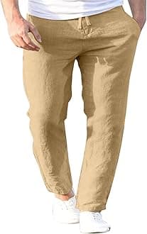 Men's Casual Cotton Linen Pants Straight Fit Drawstring Pant with Side Pockets Elastic Waistband Painting Pants Loose Beach Yoga Trousers
