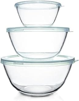 Glass Mixing Bowls with Lids Set(4.5QT, 2.7QT, 1.1QT)-Large Glass Mixing Bowls, Clear Salad Bowl for Baking, Cooking, Serving, Food Prep, 3PC Nesting Bowls for Kitchen Storage & Dishwasher Safe