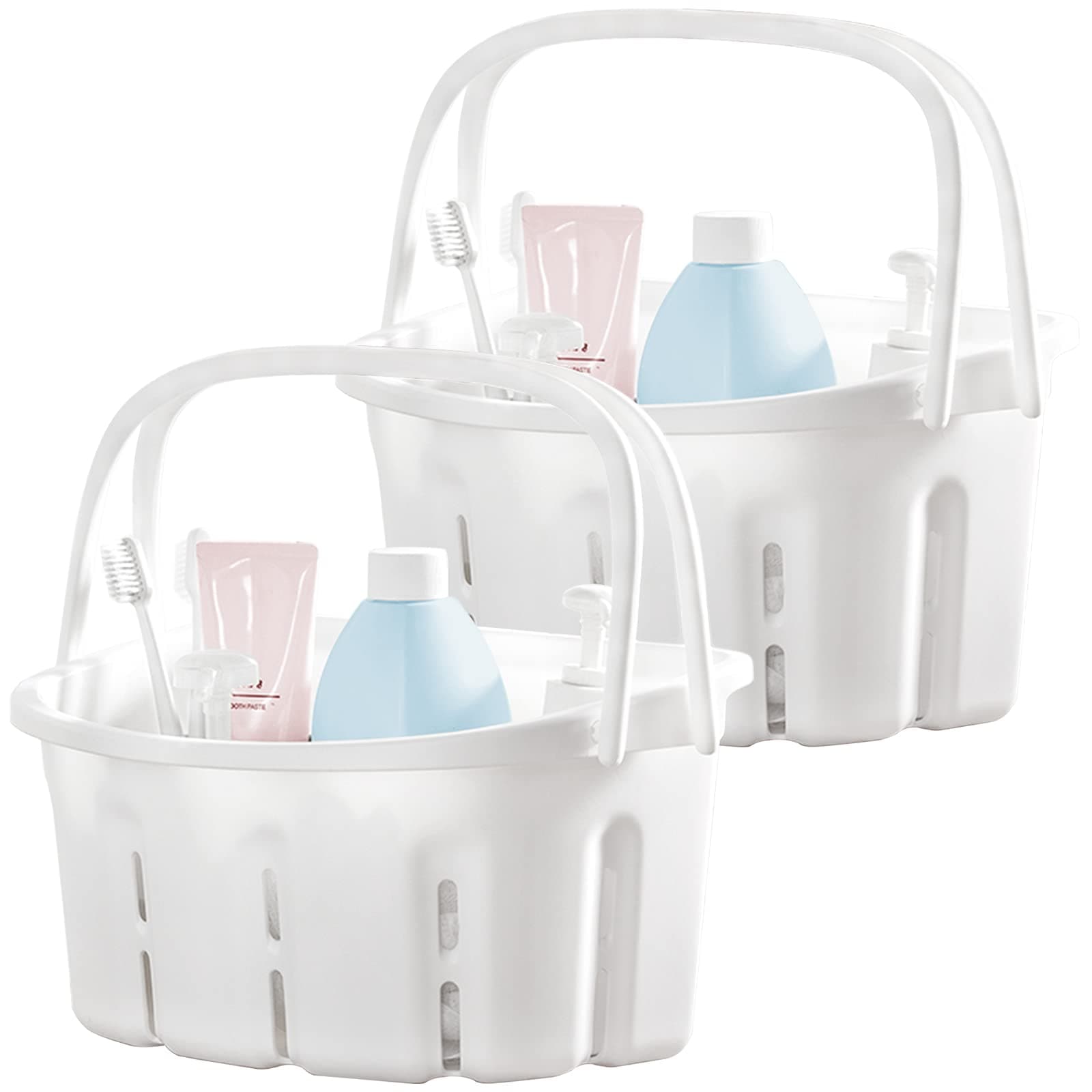 Peohud 2 Pack White Portable Shower Caddy, Plastic Tote Storage Basket with Handle Toiletry Organizer, Storage Organizer Basket for Spa, Bathroom,Cosmetics, Beauty Products and Hair Supplies
