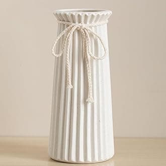 White Ceramic Vase for Flowers and Pampas Grass - 10 Inch Ribbed Decorative Table Vase in Modern Nordic Rustic Style for Home Decor and Centerpieces