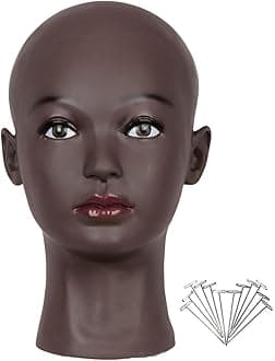 HAIRWAY Bald Mannequin Head Female Professional Cosmetology Training Head Bald Manikin Head for Wigs Making and Display Doll Head with Free T-pins (Black 21.5 Inch)