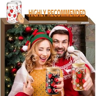 Glass Cups with Lids and Straws with Design Strawberry 4pcs,Clear Glass Cups 16oz-DWTS Drinking Glasses Set,Glass Tumbler,Cute Design Glass Iced Coffee Cups with Lids and Straws