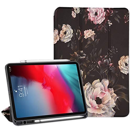 LONTECT for iPad Pro 11 inch 2018 Case with Pencil Holder [Support Apple Pencil Charging & Pair] Slim Trifold Stand Folio Smart Shell Cover Auto Wake/Sleep for Apple iPad Pro 11", Black/White Flower