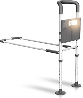 Agrish Bed Rails for Elderly Adults Safety - with Motion Light & Storage Pouch, Bedside Assist Bar with Support Legs for Seniors & Surgery Patients - Medical Bed Rail