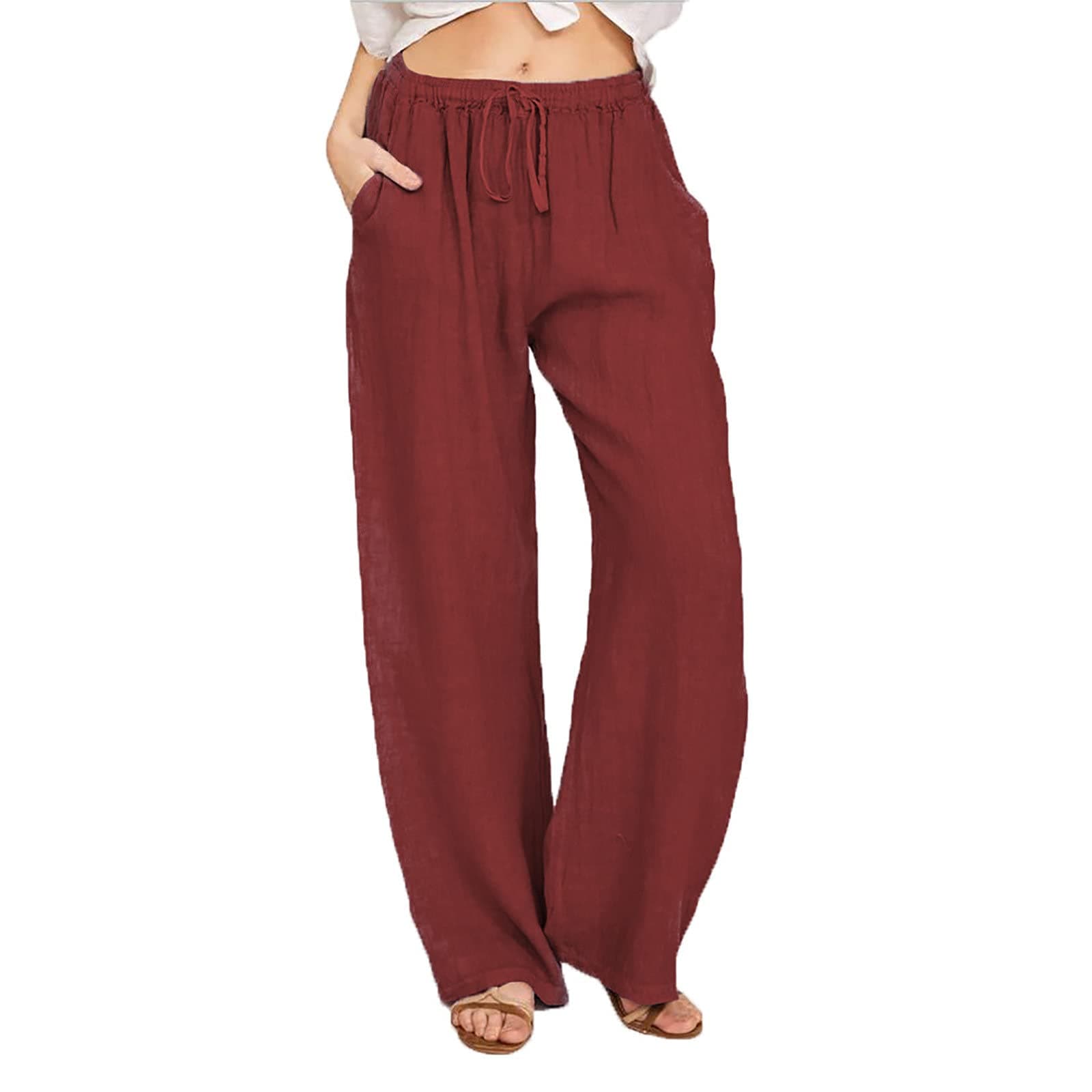 SMIDOW Summer Pants for Women 2023 Cotton Linen Elastic Waist Drawstring Wide Leg Ankle Length Lounge Pant with Pockets