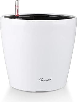 Dexceder 11x10 Inches High Gloss Self Watering Planter Indoor Outdoor, Inner Pot Design, Thickened Table Flower Plant Pot with Water Level Indicator (White)