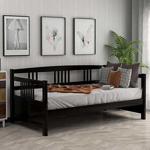 DERCASS Modern Solid Wood Daybed Classic Shape Platform Bed Frame with 3-Side Rail &10 Wooden Slats Support, No Box Spring Needed (Espresso, Twin)