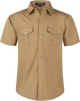 Spring&Gege Boys' Short Sleeve Button Down Shirts for Kids Woven Solid with Two Pockets