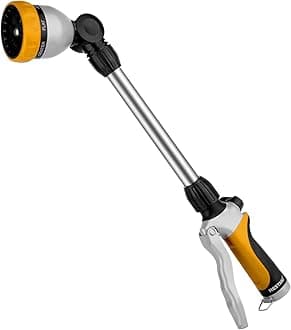 RESTMO Metal Watering Wand, Heavy Duty Garden Hose Wand with 180° Swivel Ratcheting Head, 16'' Hose Nozzle Sprayer with 7 Spray Patterns and Flow Control, for Water Hanging Baskets and Shrubs, Yellow