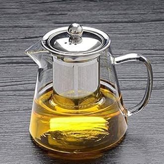 Borosilicate Glass Round Tea Pot with Heat Resistant Stainless Steel Infuser Perfect for Tea and Coffee Maker, Clear Glass Kettle (950 ML, Round Kettle)