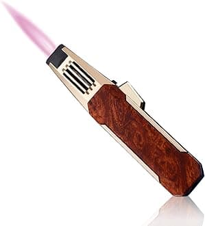 JOBONSolar Beam Torch, Adjustable Lockable Firepower Butane Refillable Jet Flame Lighter for Baking Kitchen Grill BBQ Camping (Gas Not Included) (Pink Flame-Brown with Gold)
