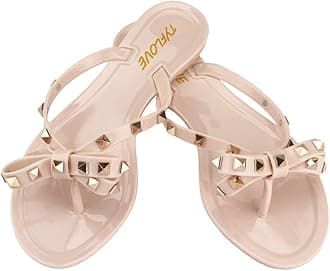 Women Rivet Flip Flops Studded Jelly Thong Sandals with Bow Summer Bowtie Flat Beach Rain Shoes