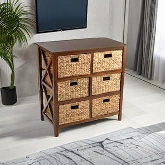 eHemco 3 Tier X-Side End Storage Cabinet with 6 Wicker Baskets, Walnut