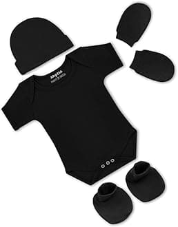 Pack of 4 New born Baby Essentials – Cotton Romper, Cap, Booties and Mittens Set for Baby Boy & Girl 0-3 Months Red Biowash