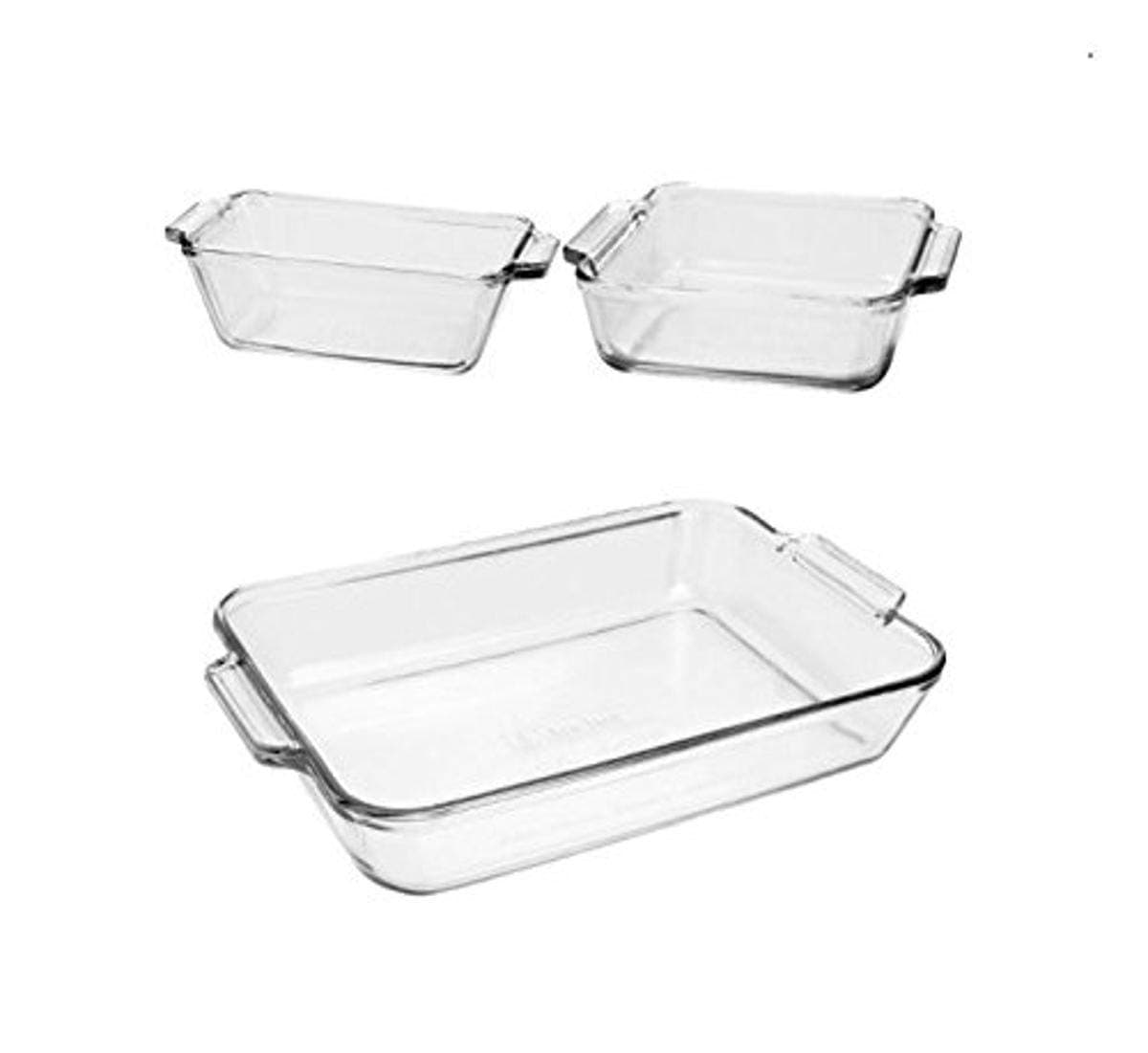 Anchor Hocking Oven Basics 3-Piece Glass Bakeware Set with Square Cake, Rectangular, and Loaf Baking Dishes