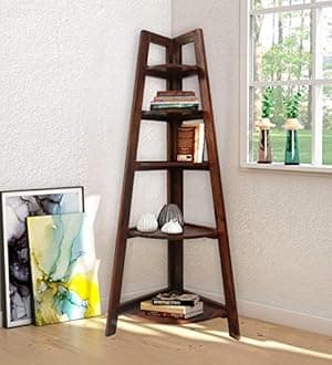 Solid Sheesham Wood Floor Standing | Corner Shelf for Living Room/Office | Wooden Corner 5 Tier Ladder Shelves for Bedroom | Decorative Home Decor Bookcase | Rosewood, Honey Finish