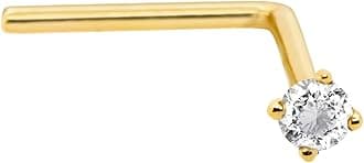14Kt Gold Real Diamond Nose Stud 22G L-Shape Nose Ring Stud - Nose Piercing Jewelry - April Birthstone