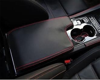 Bmolpt Custom Interior Accessories for F-PACE FPACE/XF 2017 2018 2019 2020 PU Leather Center Console Armrest Box Cover Armrest Cushion Central Armrest Protector Pad(Black with red Stitching)