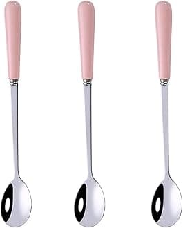 3PCS Mixing Spoons for Coffee, Dessert, Ice Cream, Milkshake, Stainless Steel Iced Teaspoon with Ceramic Handle Tablespoons Espresso Cocktail Stirring Spoons, 6.8-Inch (Pink)