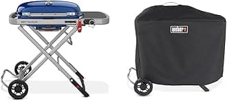 Weber Traveler Portable Gas Grill, Blue + Weber Traveler Premium Grill Cover