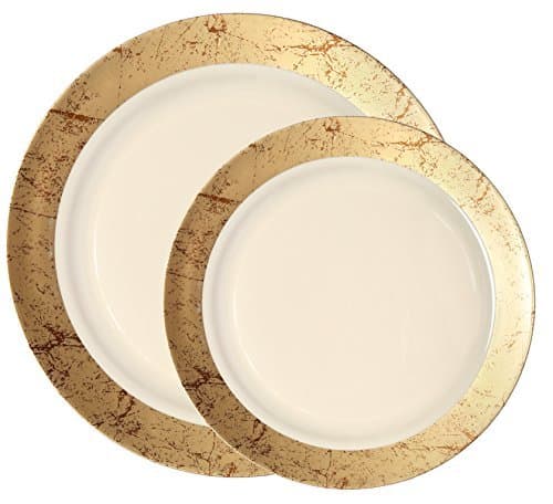 Party Joy 50-Piece Plastic Dinnerware Set | Marble Collection | (25) Dinner Plates & (25) Salad Plates | Heavy Duty Premium Plastic Plates for Wedding, Parties, Camping & More (Gold)