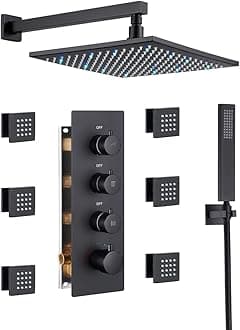 MONDAWE 12" 3-Color LED Full Body Thermostatic Shower Jets System in Wall, Rainfall Luxury Shower System with 6 Sprayer Jets, Wall Mounted High Pressure Rain Shower Faucet Set Complete, Matte Black