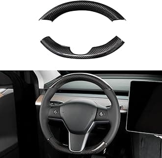 JSWAN Real Carbon Fiber Steering Wheel Cover for Tesla Model 3 2017 to 2023 Model Y 2020 to 2024 Steering Wheel Cover Steering Wheel Wrap Protector Interior Accessories (Bright Black 2Pcs)