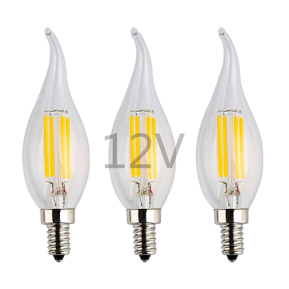 OPALRAY 12Volt DC Input LED Candelabra Bulb, 4W Dimmable with 12V DC Dimmer, 2700K Warm White Light, E12 Small Base, Clear Glass Flame Tip, 12V AC/DC Operated, 40W Incandescent Replacement, 3 Pack