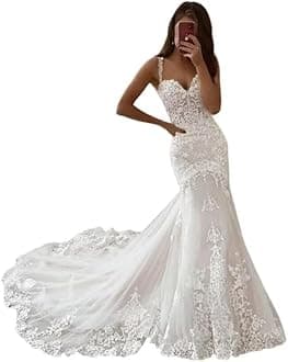 Mermaid Wedding Dresses for Bride Lace Beach Tulle Applique V-Neck Boho Bridal Dress for Bride with Train