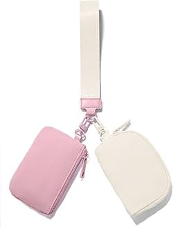 Mini Zip Around Keychain Wristlet Wallets Small Portable Dual Pounch Wristlet Detachable Coin Purse Pocket Gifts for Women Travel Sports Outdoors(Pink+Cream White)
