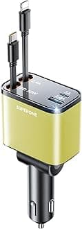[2024 Upgraded] 4 in 1 Retractable Car Charger, SUPERONE Smaller Fast Car Phone Charger 69W with Cord, USB C and iPhone Car Charger Adapter, Compatible iPhone 17/17 Pro Max/16/15/14/13/12/11, Sumsung