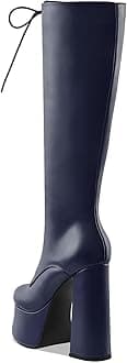 Perisis Women's High Chunky Heel Platform Knee High Boots Fashion Leather Lace Up Heeled Long Boots Wide Calf