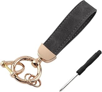 Kewucn Genuine Leather Car Keychain, Universal Heavy Duty Metal Auto Key Fob Holder with Anti Lost D-Ring for Men Women （Golden-Gray）