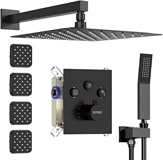 Thermostatic Rain Shower System, 12 Inch Matte Black Wall Mount Faucet Set with Body Jets and Valve, All Functions Simultaneous Use