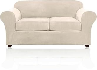 PrinceDeco Velvet Couch Cover Loveseat Covers for 2 Cushion Couch 3 Piece Sofa Covers for Dogs Washable Loveseat Covers Width Up to 72 Inch No Slip Stretch Sofa Slipcover(Medium, Ivory)