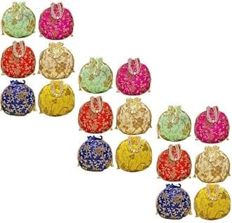 AT Traders Embroidered Potli Bag Pack of 18 | Leaf Floral Design With Moti Handle Batwa Bag | Traditional Shagun Potli for Return Gifts | Ideal for Mehandi, Haldi, Baby Shower, Wedding, Sangeet