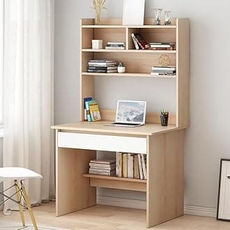 LITFAD Modern Computer Desk Work from Home Desk with Hutch, Bookcase and Integrated Cable Management, 1 Drawer, 23.6" L x 15.7" W x 59.8" H, Natural