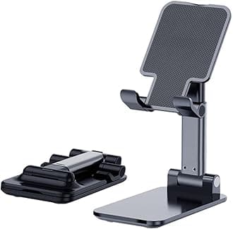 Phone Holder for Desk, MT-6 Cell Phone Stand for Desk Universal Cellphone Stand Holder Foldable & Height Adjustable Compatible Under 8” Device, with Silicone Mat, Black