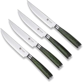 Green Steak Knife Set, 4-Pieces Damascus Stainless Steel Blades, Full Tang Construction, Pakkawood Handles