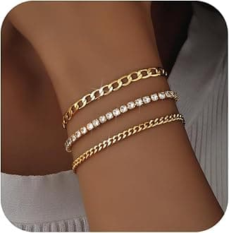 Gold Bracelets for Women, 14K Gold Plated Link Cubic Zirconia Classic Tennis Bracelet, Cuban Chain Dainty Bracelet Pack Jewelry for Women