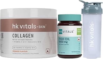 HealthKart HK Vitals Skin Radiance Collagen Powder (Orange,100 g), Omega 3 Fish Oil (1000 mg Omega 3 with 180 mg EPA & 120 mg DHA), 30 Fish Oil Capsules & 650 ml Shaker (Combo Pack)