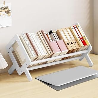 Wood Tilting Bookcase in Living Room/Home/Office, Desktop Book Shelf Organizer Bookshelves Storage Rack for CDs/Magazine/Books Display (White, 16"-L)