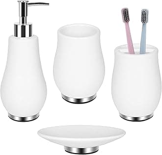 RQYIXI Bathroom Accessories Set 4 Pcs Toothbrush Holder Soap Dispenser Ceramic Bathroom Accessory Set with Toothbrush Cup Soap Dish Tumbler White