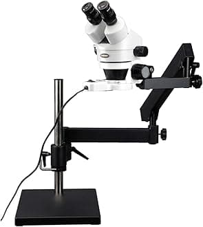 SM-7B-FRL Professional Binocular Stereo Zoom Microscope, WH10x Eyepieces, 7X-45X Magnification, 0.7X-4.5X Zoom Objective, 8W Fluorescent Ring Light, Articulating-Arm Boom Stand, 110V-120V