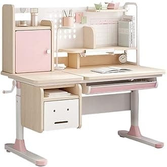 FCD Wood Adjustable Height Ergonomic Kids Study Desk Drafting Table Computer Station Built-in Bookshelf Hutch Multi Function Desktop 43.3" Width ()